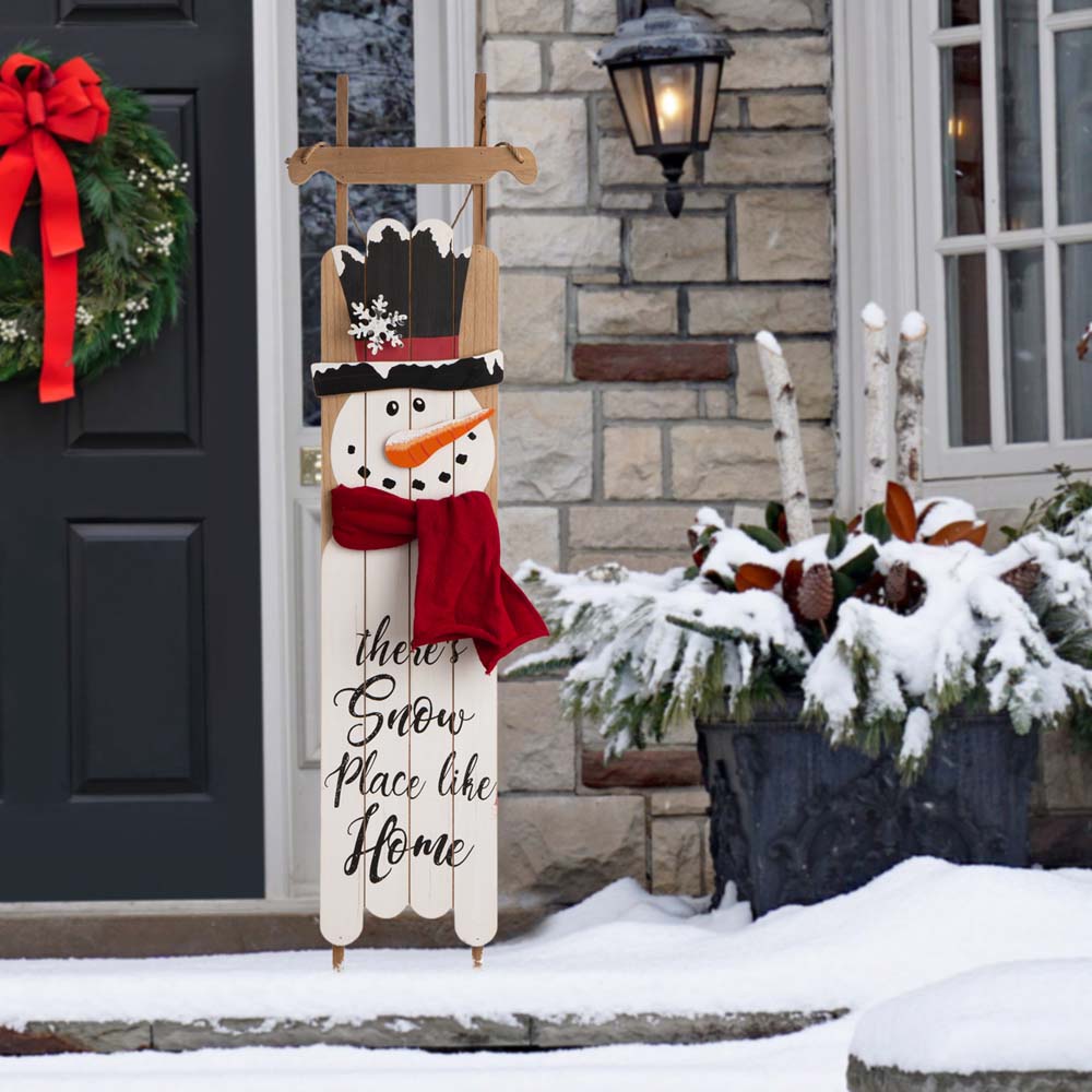 OFFICIAL Glitzhome 42 H Wooden Sleigh Christmas Snowman Porch Sign